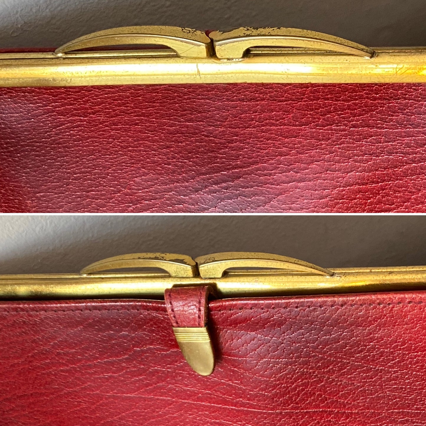 Vintage dark red leather purse with a kiss lock closure