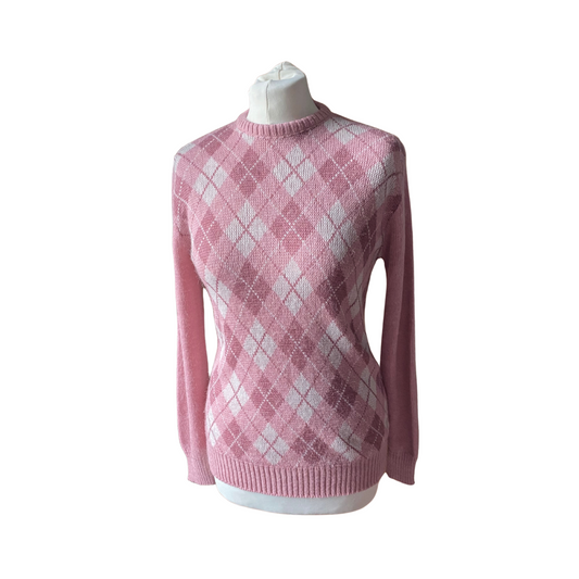 Pink and white argyle print fluffy crew neck vintage jumper