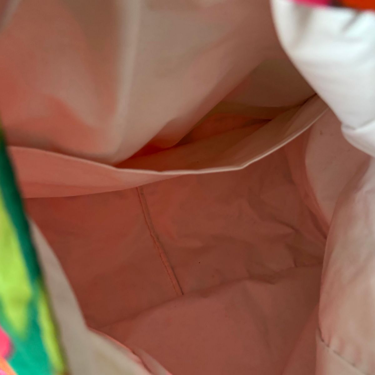 Close-up view of the inside of a plastic lined bag, showing fabric folds and a seam.