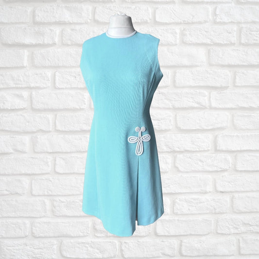 60s Aqua Blue & White Mod Style Sleeveless Vintage Scooter Dress. Approx UK Size 16-18