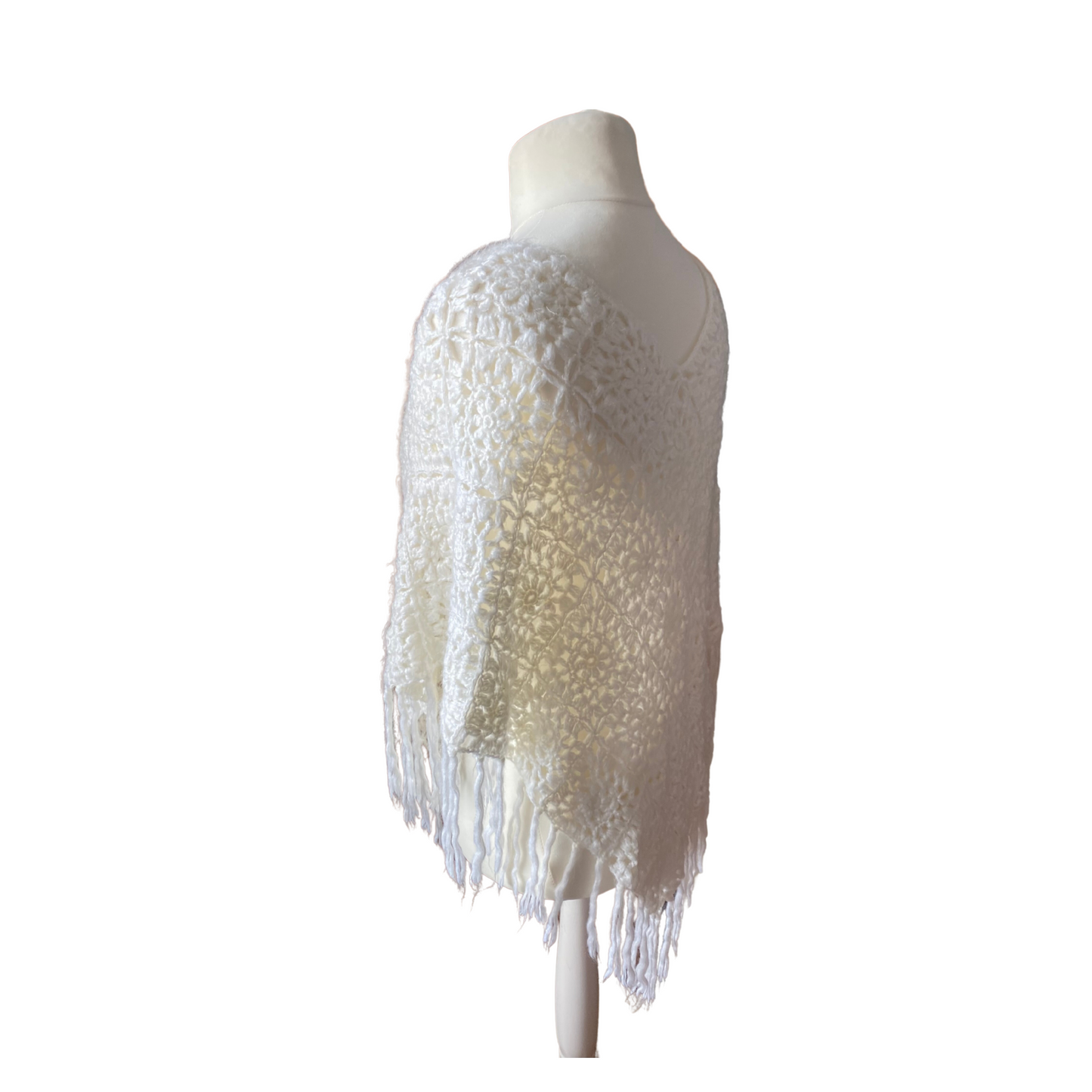 Vintage Cream Crochet Fringed Poncho - Perfect 70s Cover-Up. Approx UK size 10-16