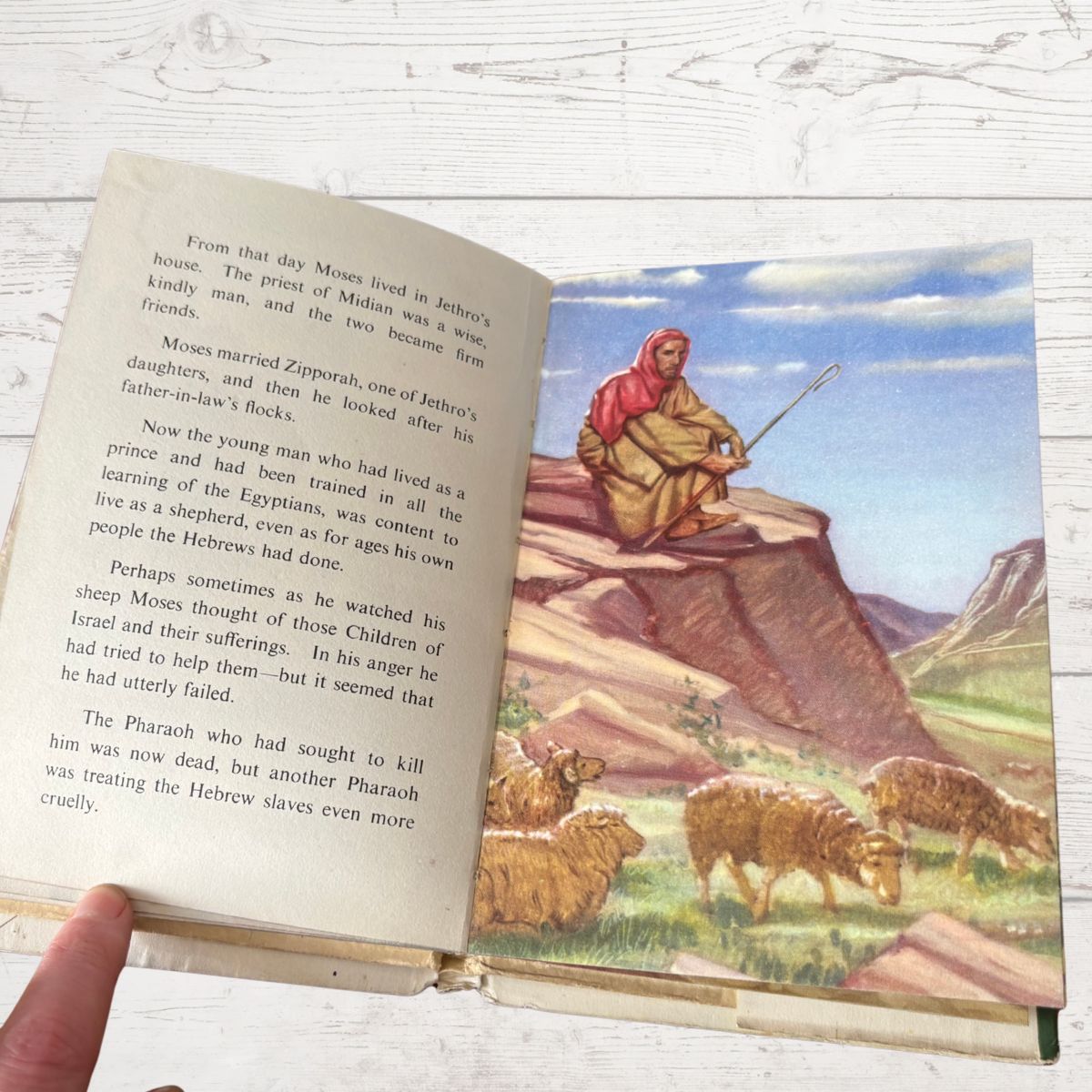 Open book with a colorful illustration of a shepherd on a mountain and text.