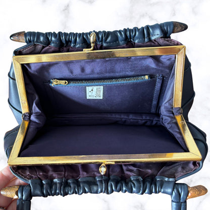 Navy Blue Miss Salisbury Vintage Top Handle Bag with Wooden Detail