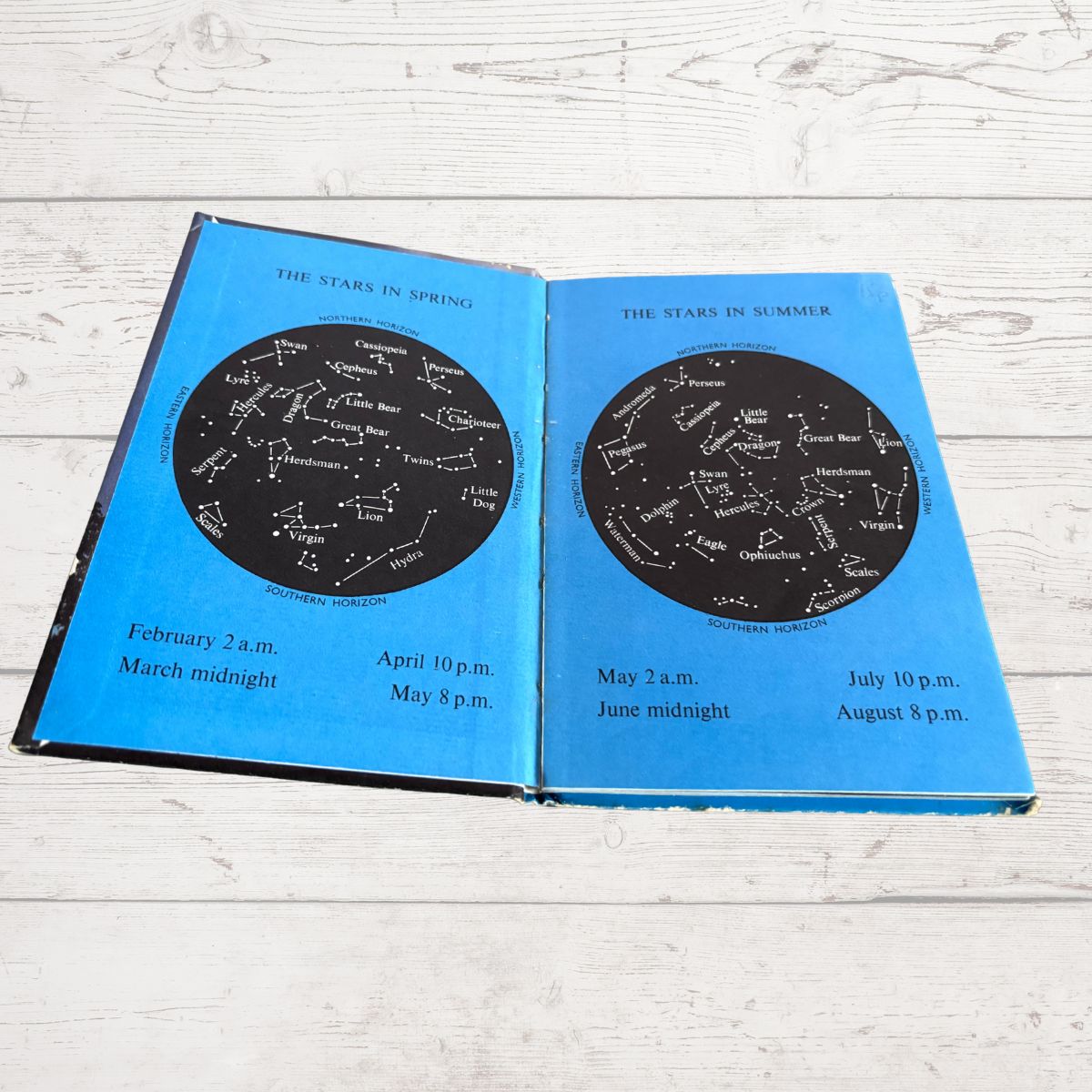 An open vintage star chart book showing the constellations 'The Stars in Spring' and 'The Stars in Summer' on bright blue covers, placed on a white wood plank surface.