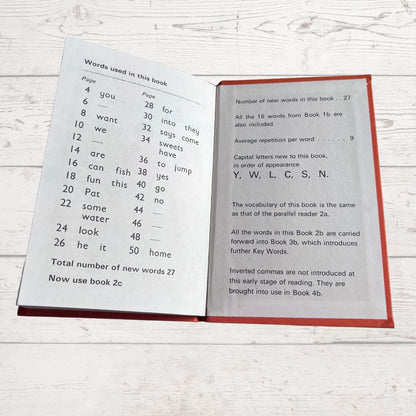Open book with text on a white wooden surface