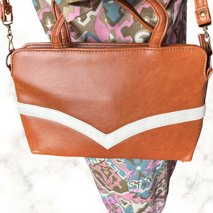 Dark Tan Vintage Top Handle/Shoulder Bag with White Chevron Stripe.