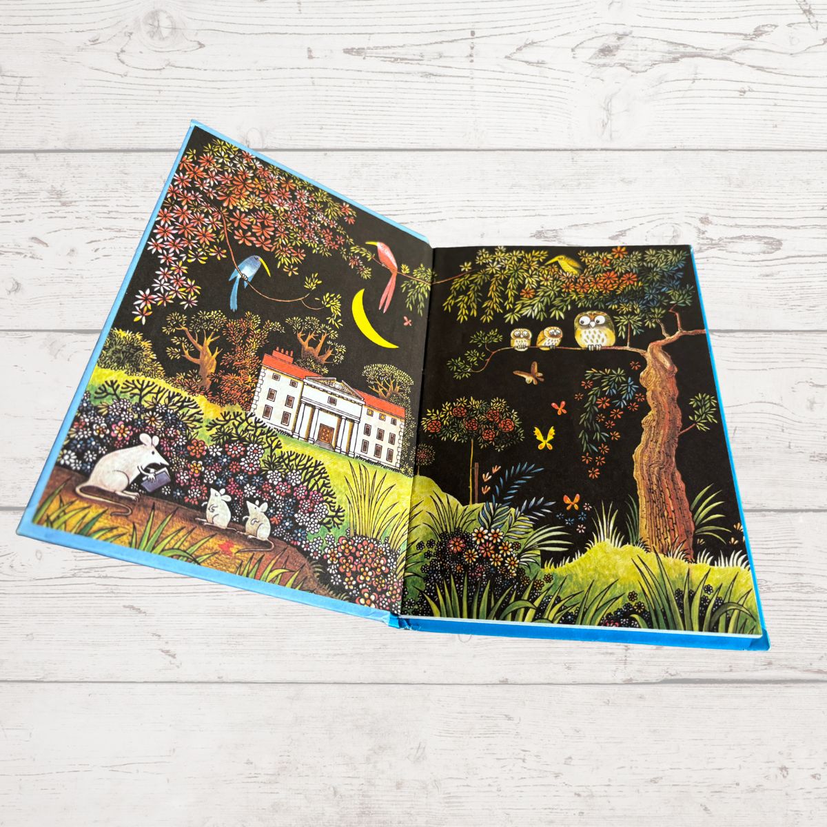 An open illustrated book with a bright blue cover edge, spread open on a light whitewashed wood surface. The pages feature a whimsical dark fantasy scene with a black background, colorful trees, flowers, owls, birds, butterflies, a crescent moon, and a small white house.