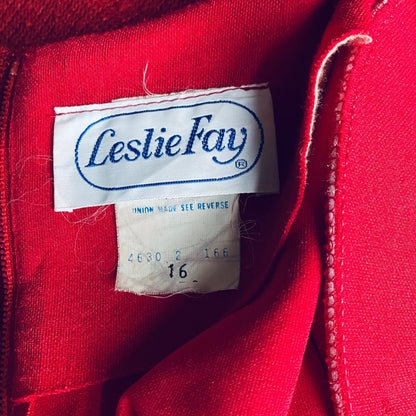 Vintage 80s Red Midi Dress with Bracelet Length Sleeves by Leslie Fay. Approx UK size 14-16