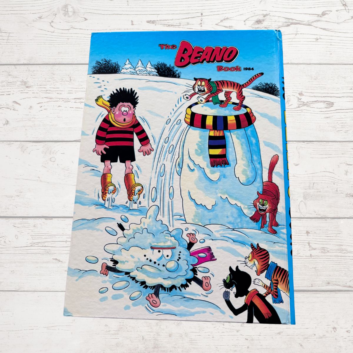 The Beano Book 1984 comic book cover featuring classic cartoon characters in a snowy winter scene, displayed on a white wooden plank surface.