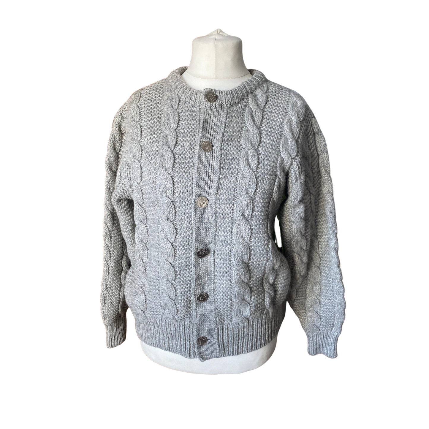 Vintage grey chunky knit wool cardigan with silver coin buttons.  Approx UK size  10 -16