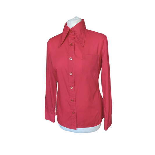 70s Vintage Dark Pink Long Sleeved Dagger Collar Shirt. Approx UK size 10-14
