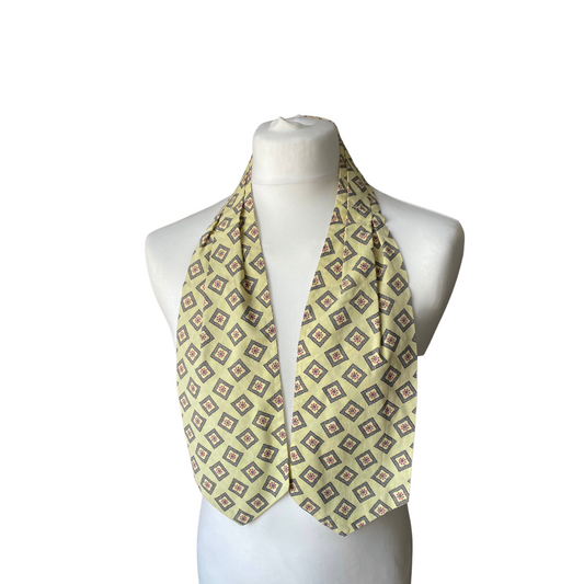 Pale yellow vintage cravat with grey blue and burgundy floral tile print 