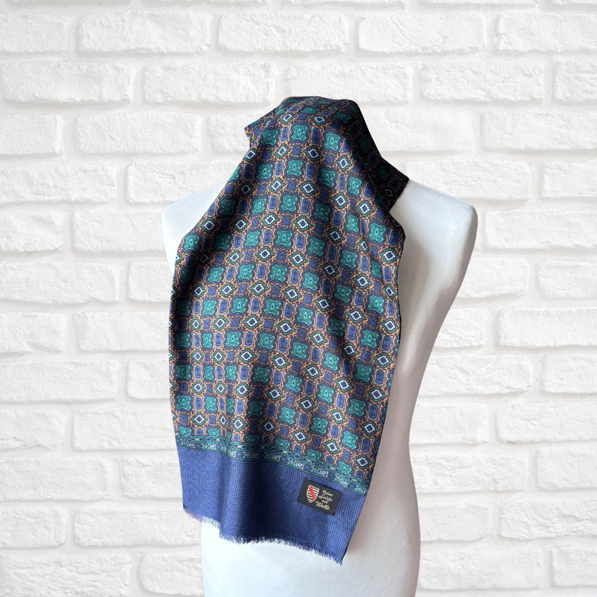 1960s Mod Style Wool and Silk Men’s Dark Blue Geometric Paisley Print Vintage Scarf with Fringing