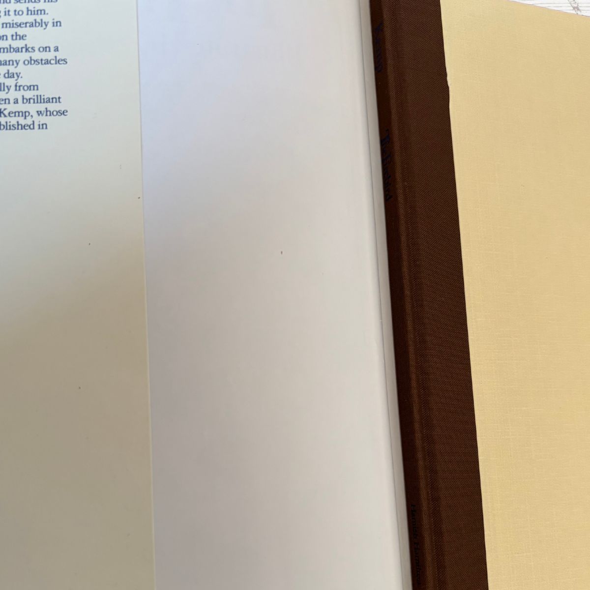 A close-up of a book showing a cream page, a dark brown spine or binding edge, and a light beige textured cover or backing.