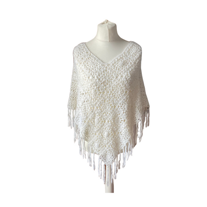 Vintage Cream Crochet Fringed Poncho - Perfect 70s Cover-Up. Approx UK size 10-16