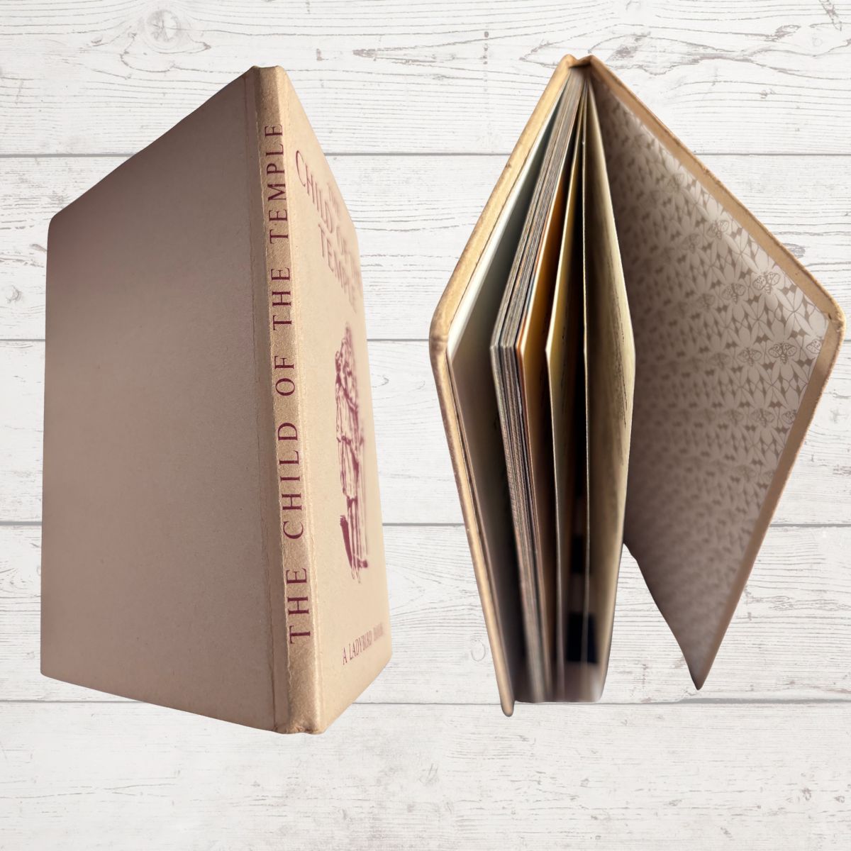 Book spine close up with a visible title on a wooden surface