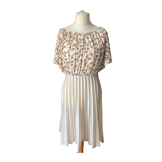 Cream 80s dress with frilled angel sleeve bodice and pleated midi skirt. Cream with dark brown ditsy print flowers on the top and brown stripes on the skirt 