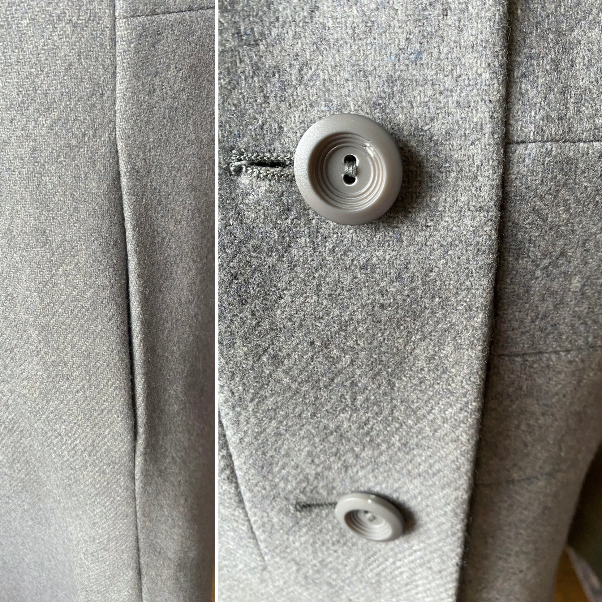 Grey wool 70s vintage coat - Close-up of  plastic grey buttons on fully lined coat