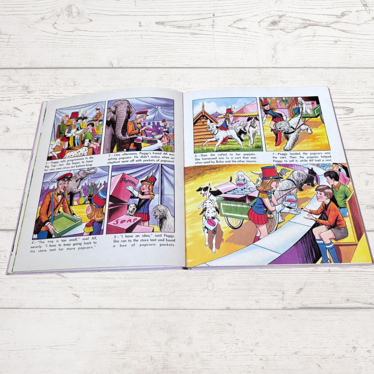 An open children's book with colorful comic-style illustrations spread across two pages, photographed on a light whitewashed wood surface.