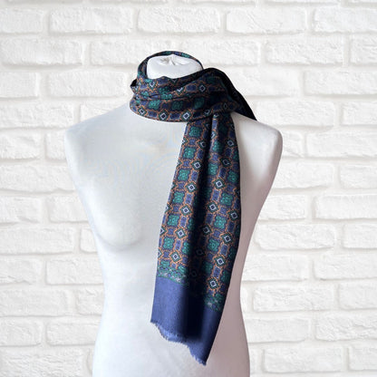 1960s Mod Style Wool and Silk Men’s Dark Blue Geometric Paisley Print Vintage Scarf with Fringing