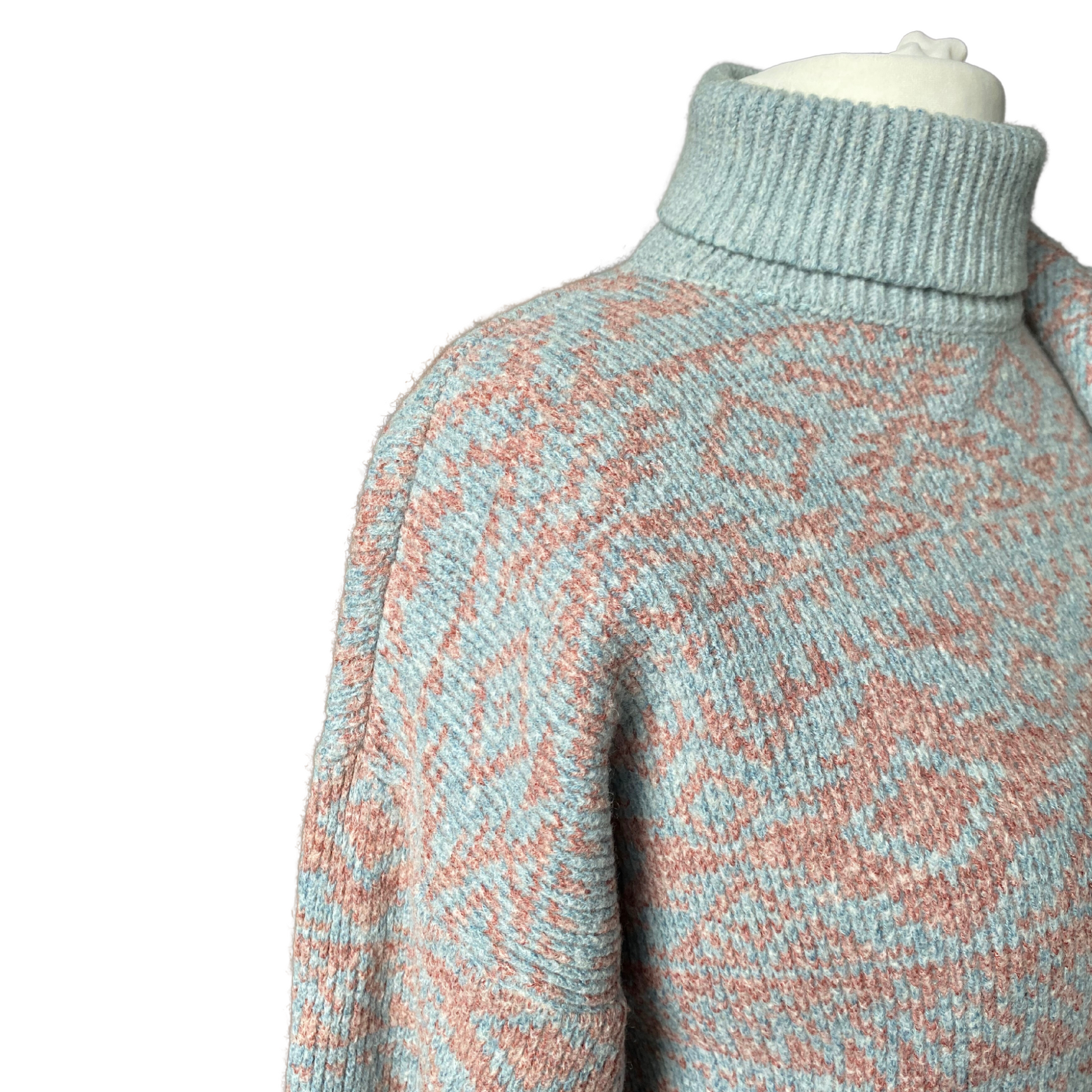 Vintage pale blue and pink jumper with ribbed polo neck and cuffs