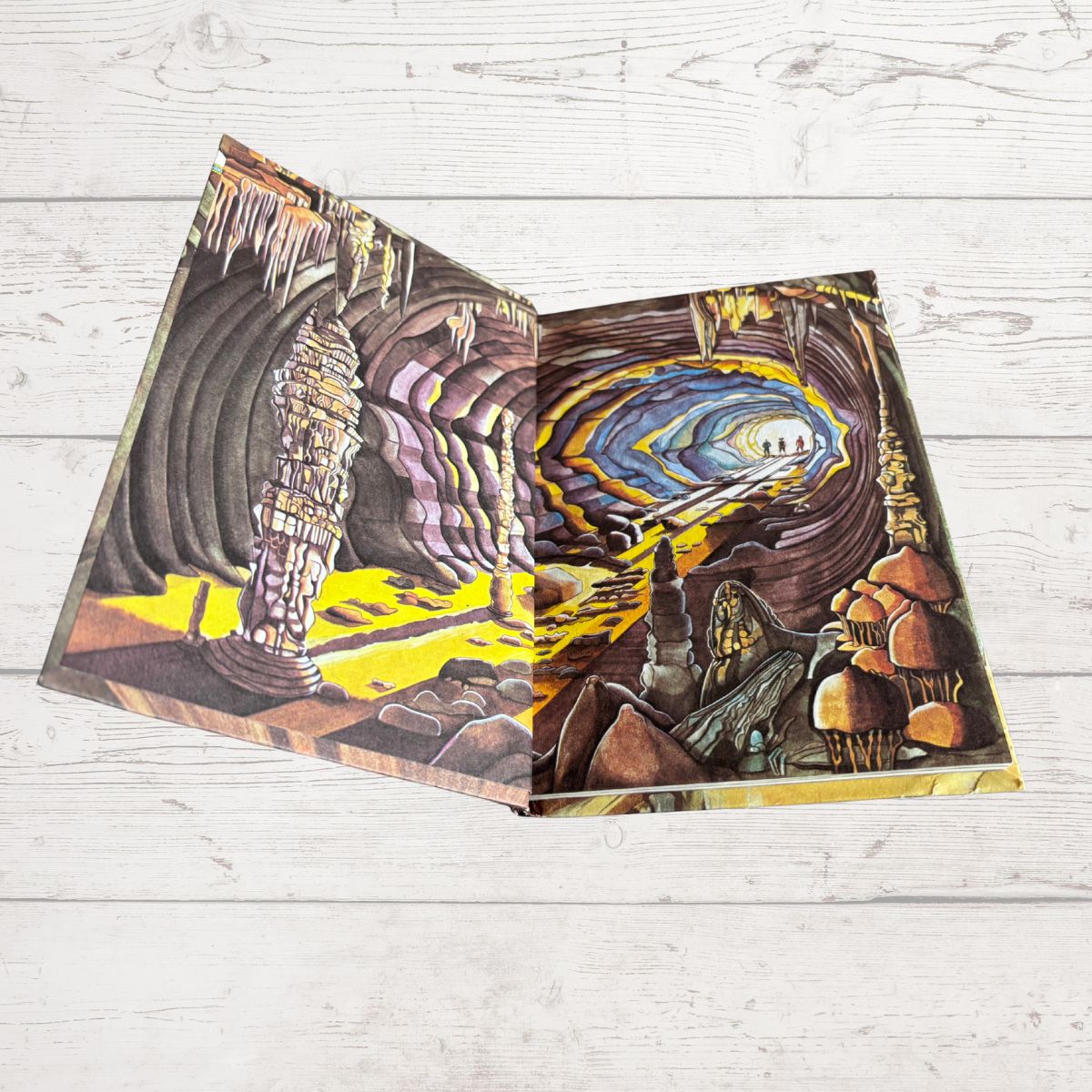 An open vintage art book showing detailed cave illustrations on both pages, placed on a light-colored wooden plank surface.