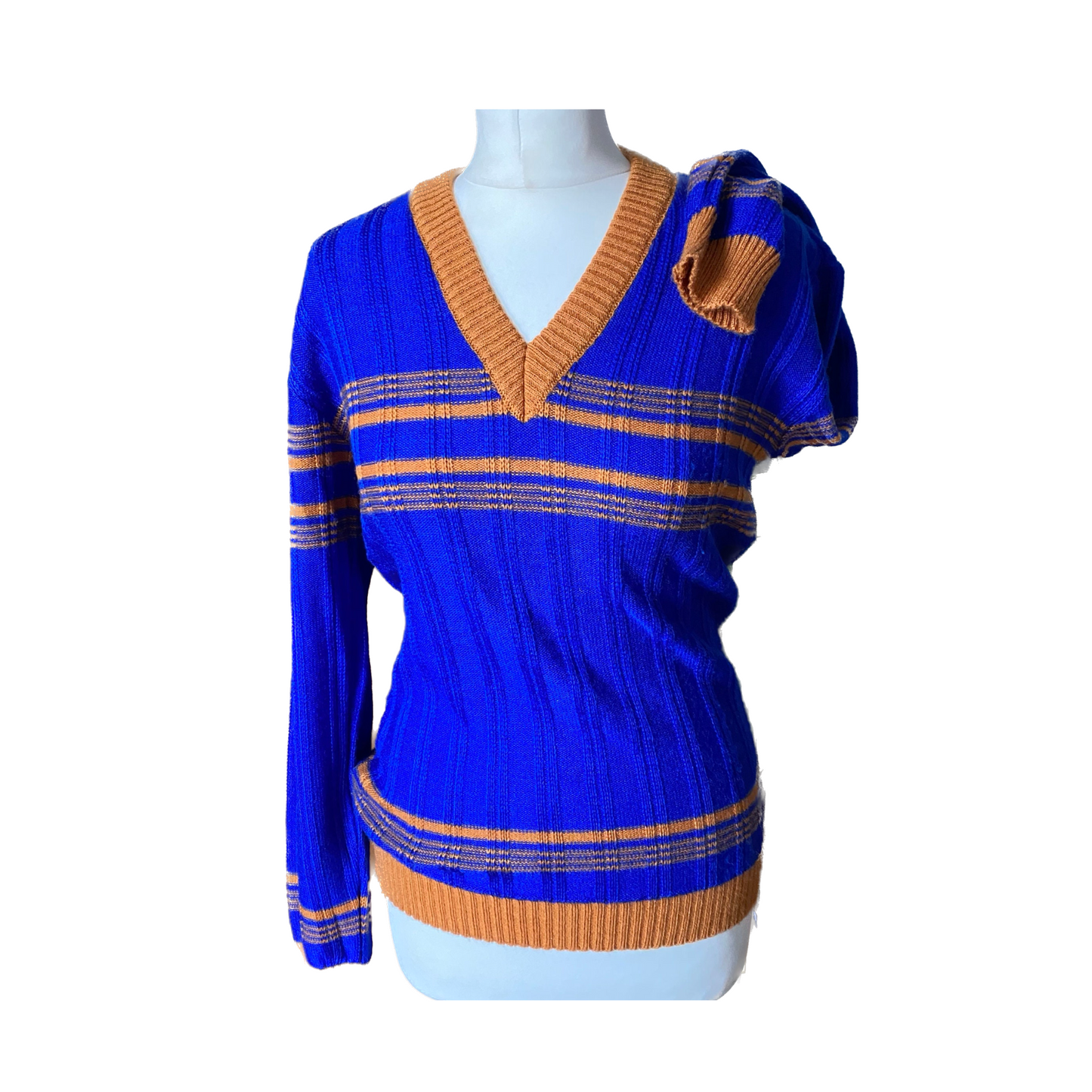 70s fitted blue ribbed sweater with mustard stripes - retro chic