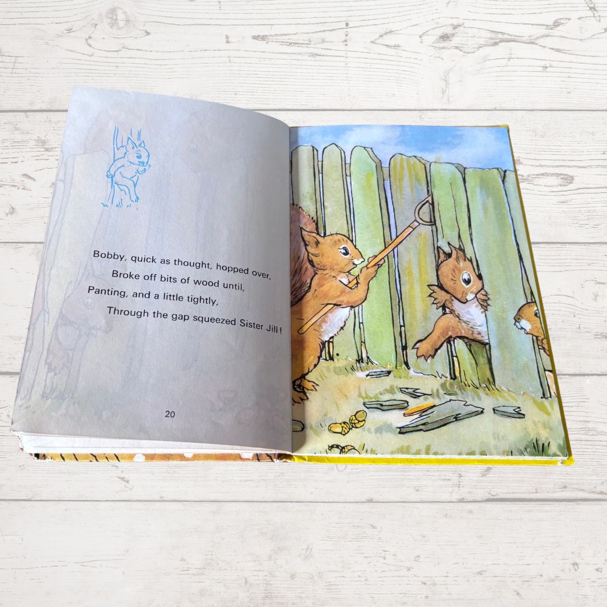 An open children's book lying on a light wood surface, showing a printed page with text on the left and an illustrated scene with squirrels behind a wooden fence on the right.