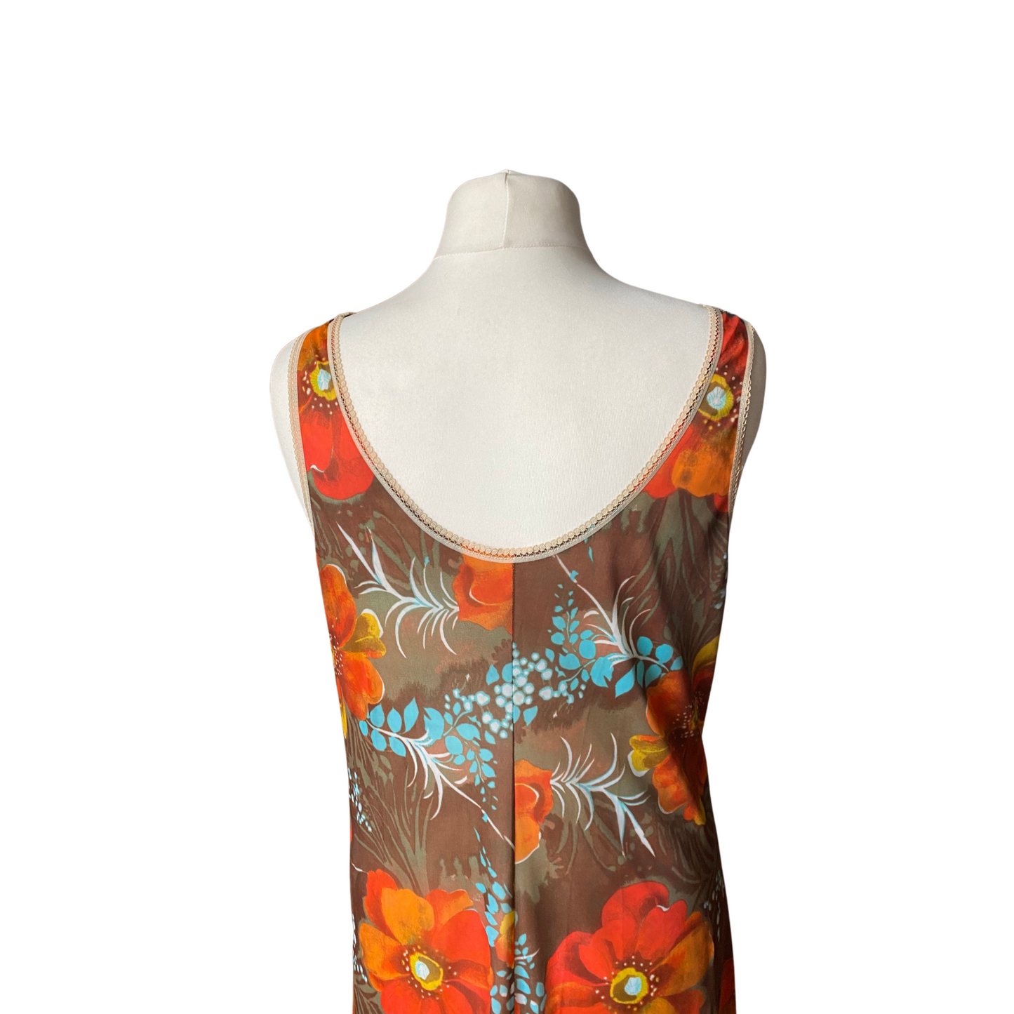 70s orange flower print, lace trimmed slip dress. Approx UK size 18-20