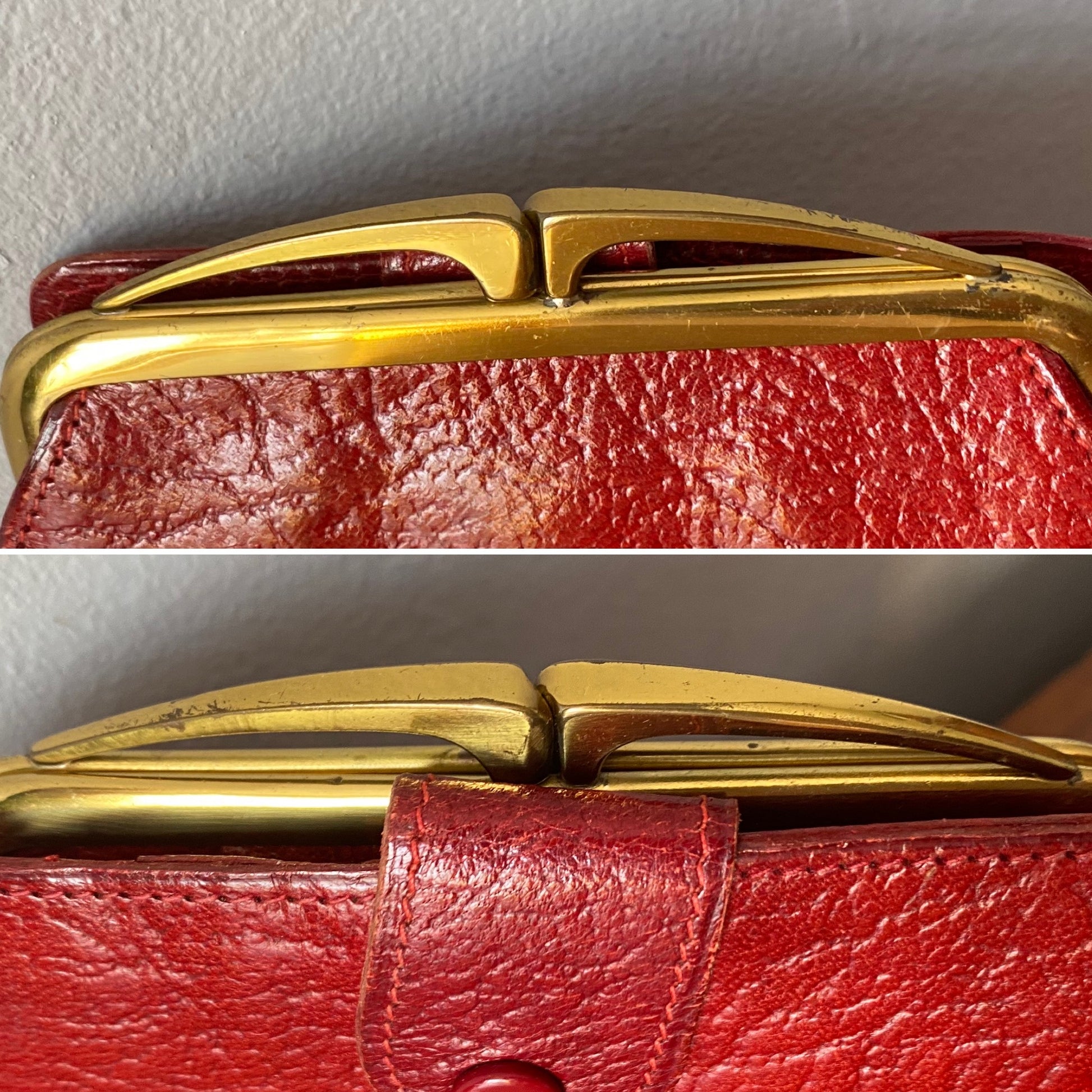 Vintage red leather purse with a kiss lock closure