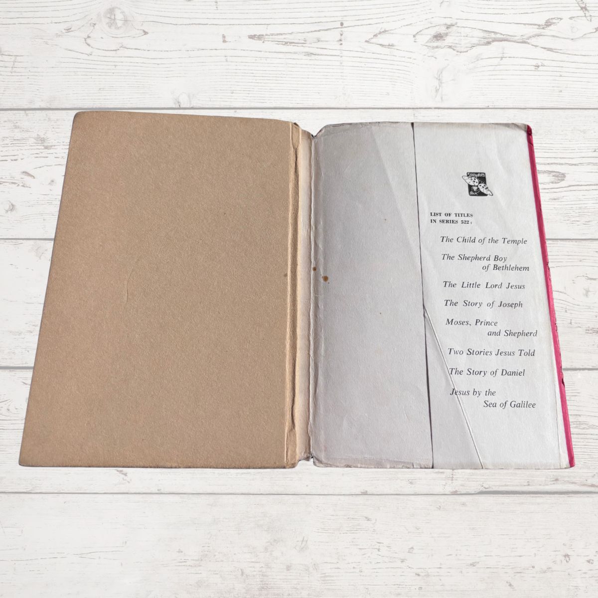 Open book with text on a light wooden surface