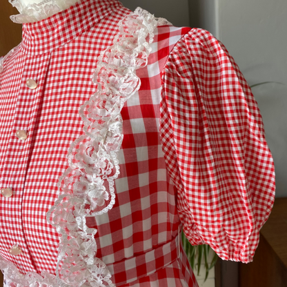 70s red and white gingham, puffed sleeved maxi dress. Approx U.K. size 8