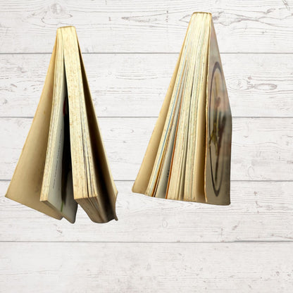 Close up of book spine on a white wood plank background.