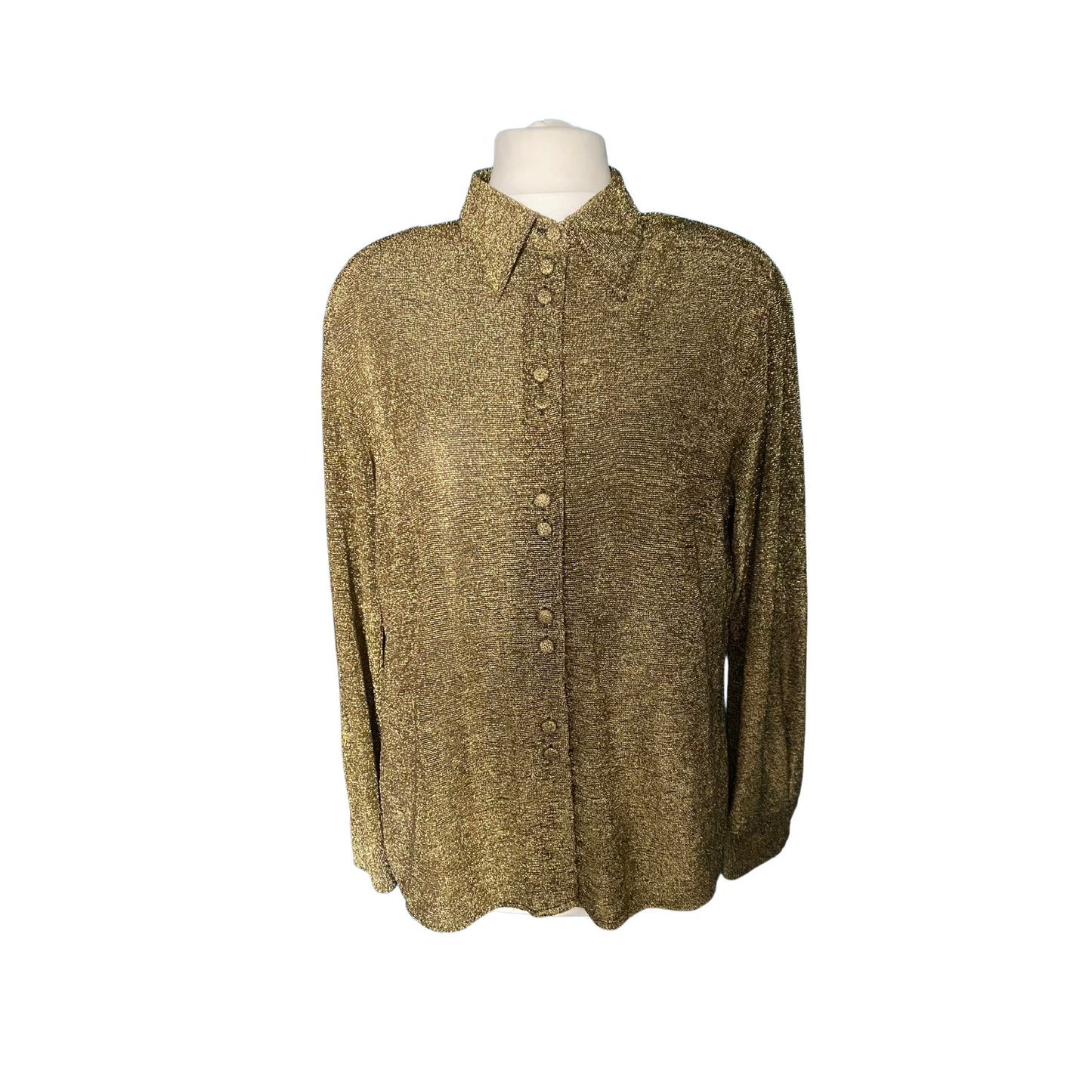 Vintage long sleeve shirt in sparkling gold, perfect for 70s disco enthusiasts.