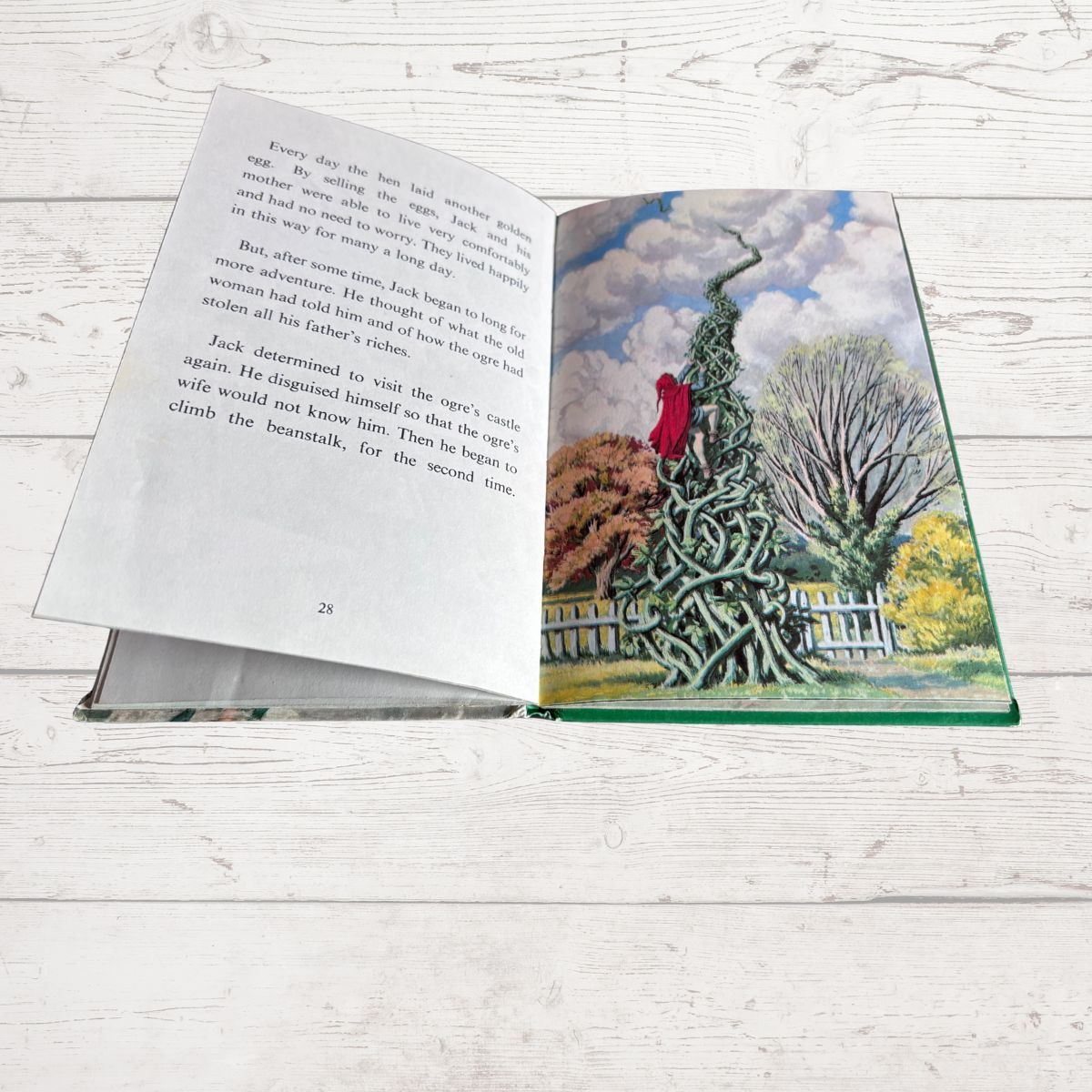 An open children's book lying on a white wood surface, showing printed text on the left page and a colorful illustrated scene on the right page with a winding green vine, a red-robed figure, and trees.