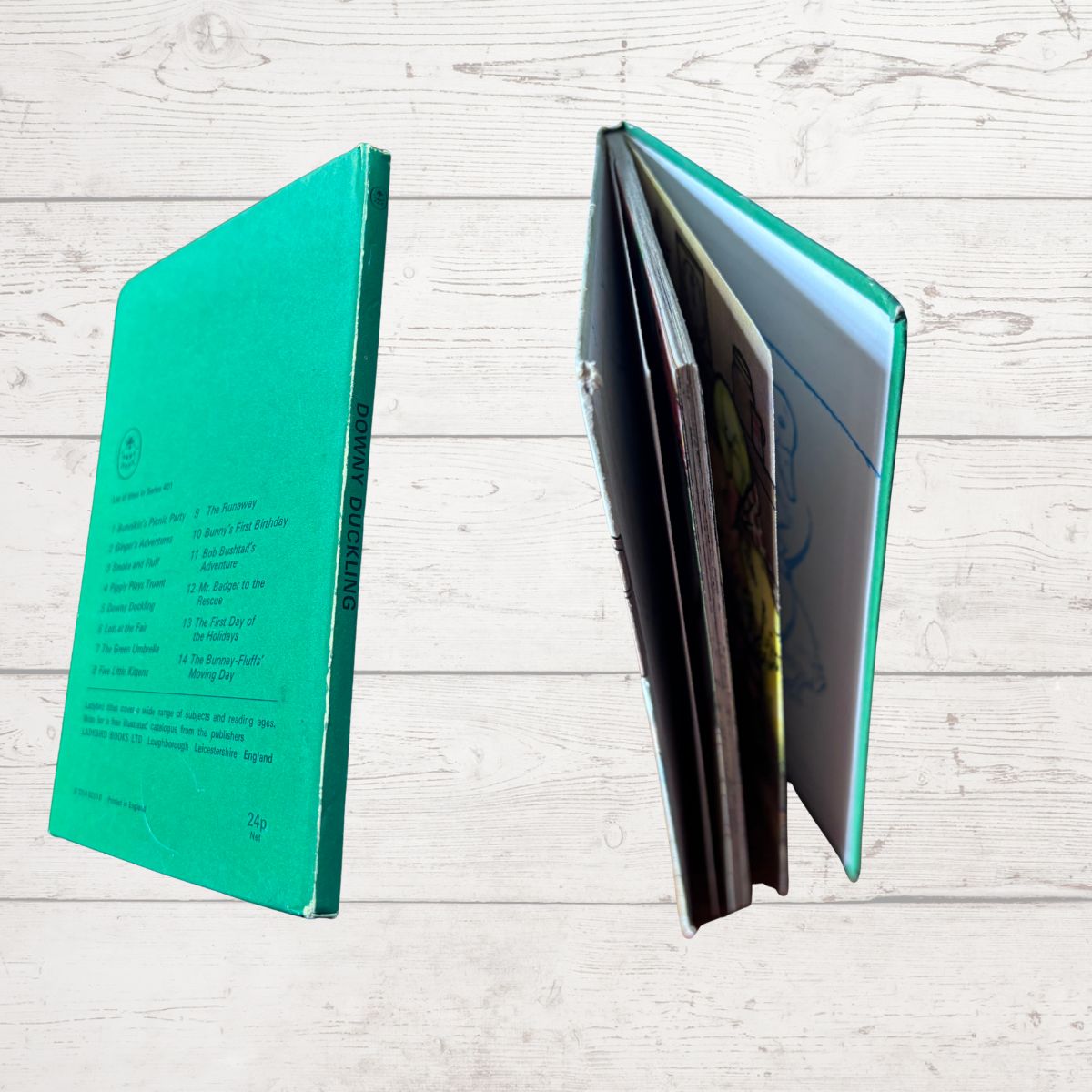 A hardcover notebook with a bright teal-green cover shown from both the front cover and the open interior pages, set against a light whitewashed wood plank background.