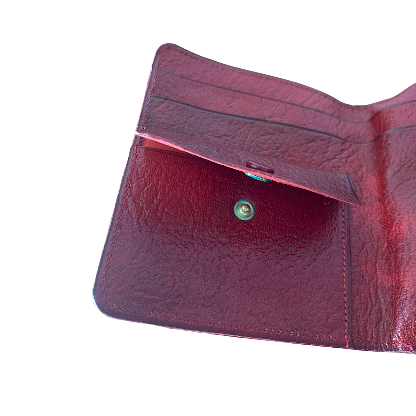 Stylish red leather wallet made in England with a pocket for postal stamps