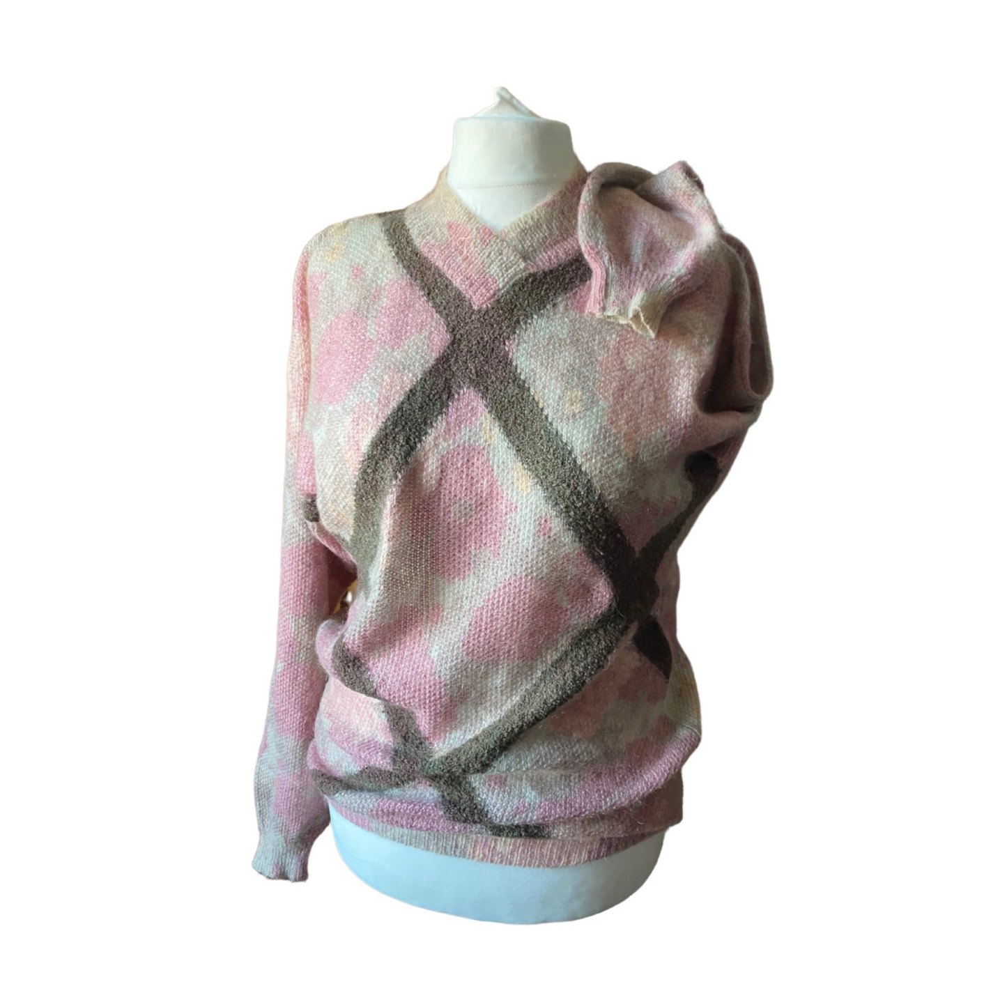 80s pink and brown floral and geometric print mohair blend jumper. Approx UK size 16-20