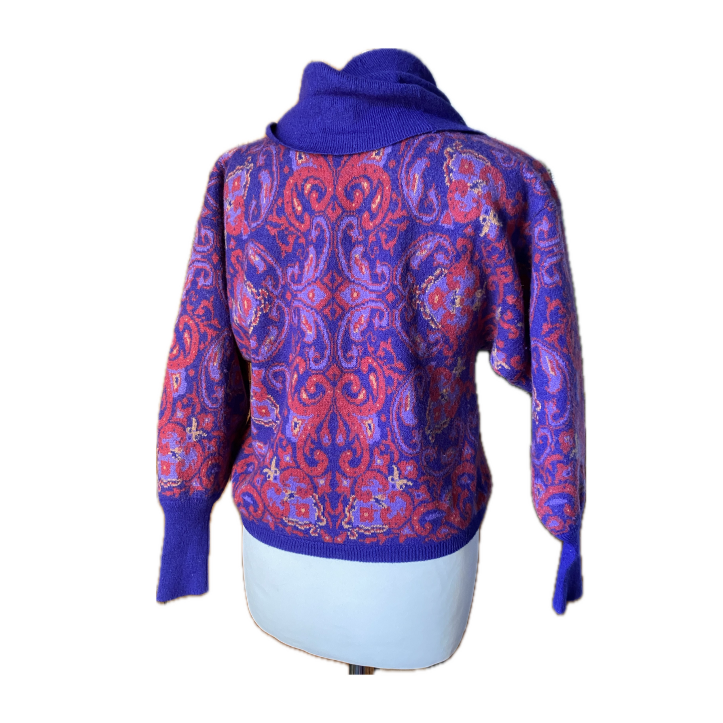 Back view of purple, red and yellow abstract print soft pullover 