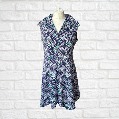 60s/70s Navy Blue Geometric Print A-Line Mini Dress. Approx UK size 10-12