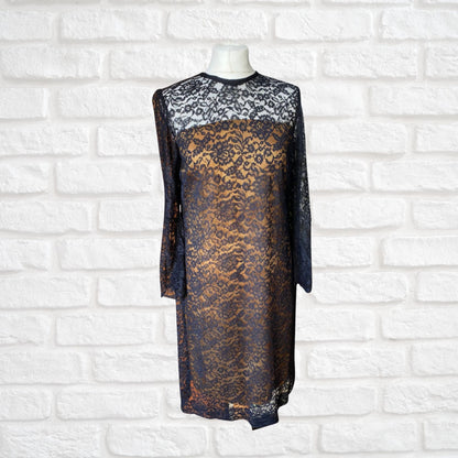 60s Vintage Black Lace Long Sleeved Shift Dress. Approx  U.K. size  8-10