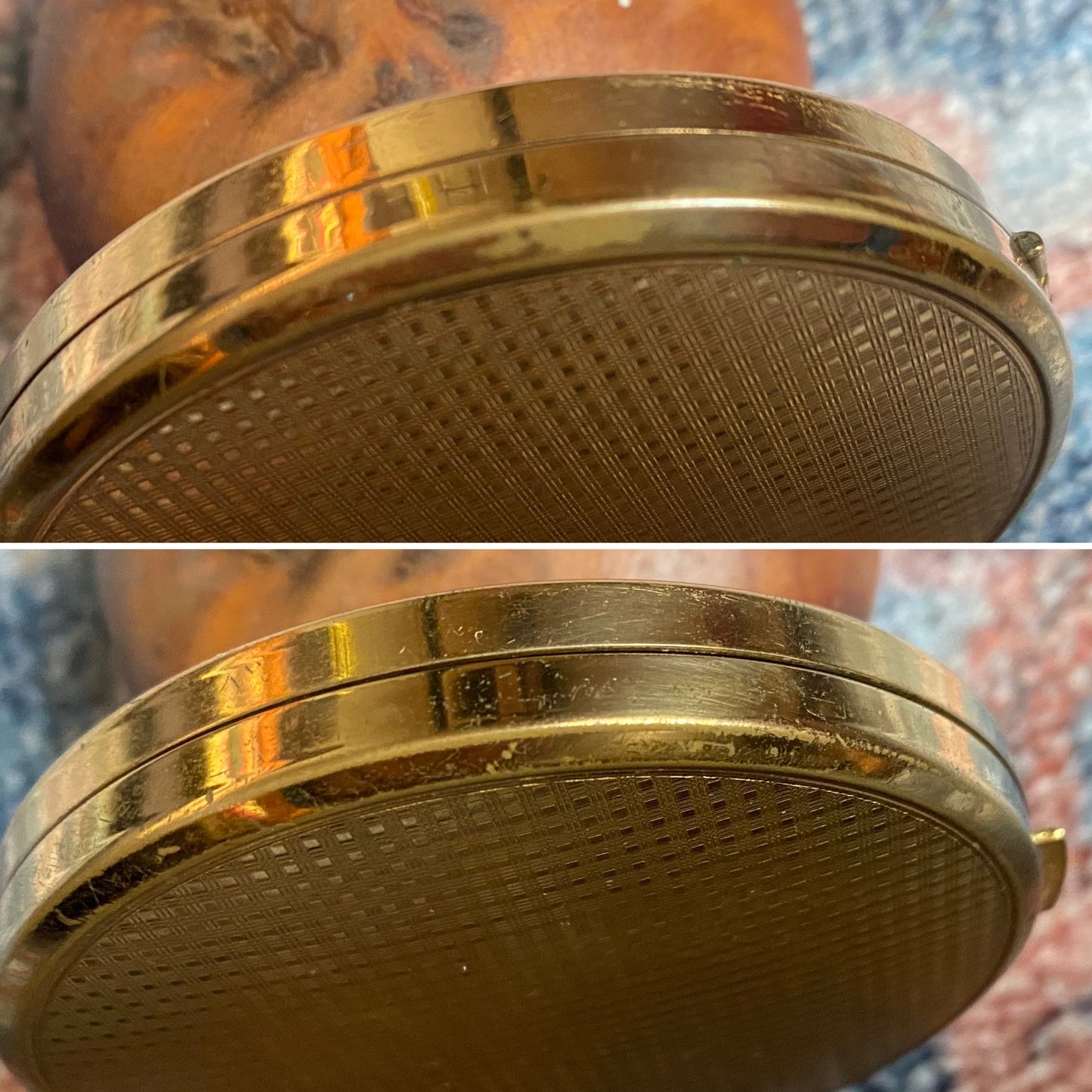 Close up showing wear and tear on the edge of midcentury vintage powder compact 