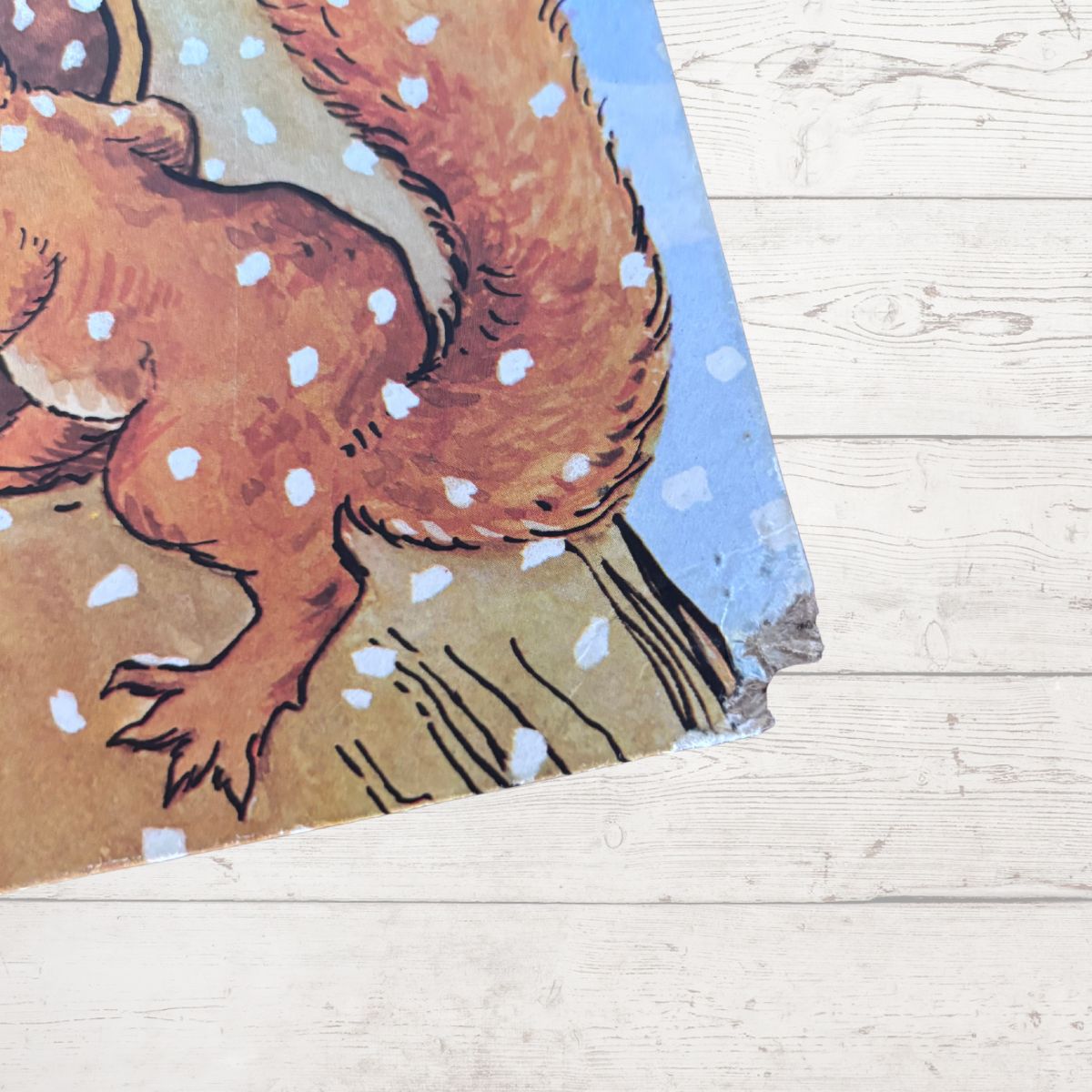A close-up of a book cover showing part of a brown animal with white spots on a tan surface, with a blue area at the top, placed on a light wood plank background.