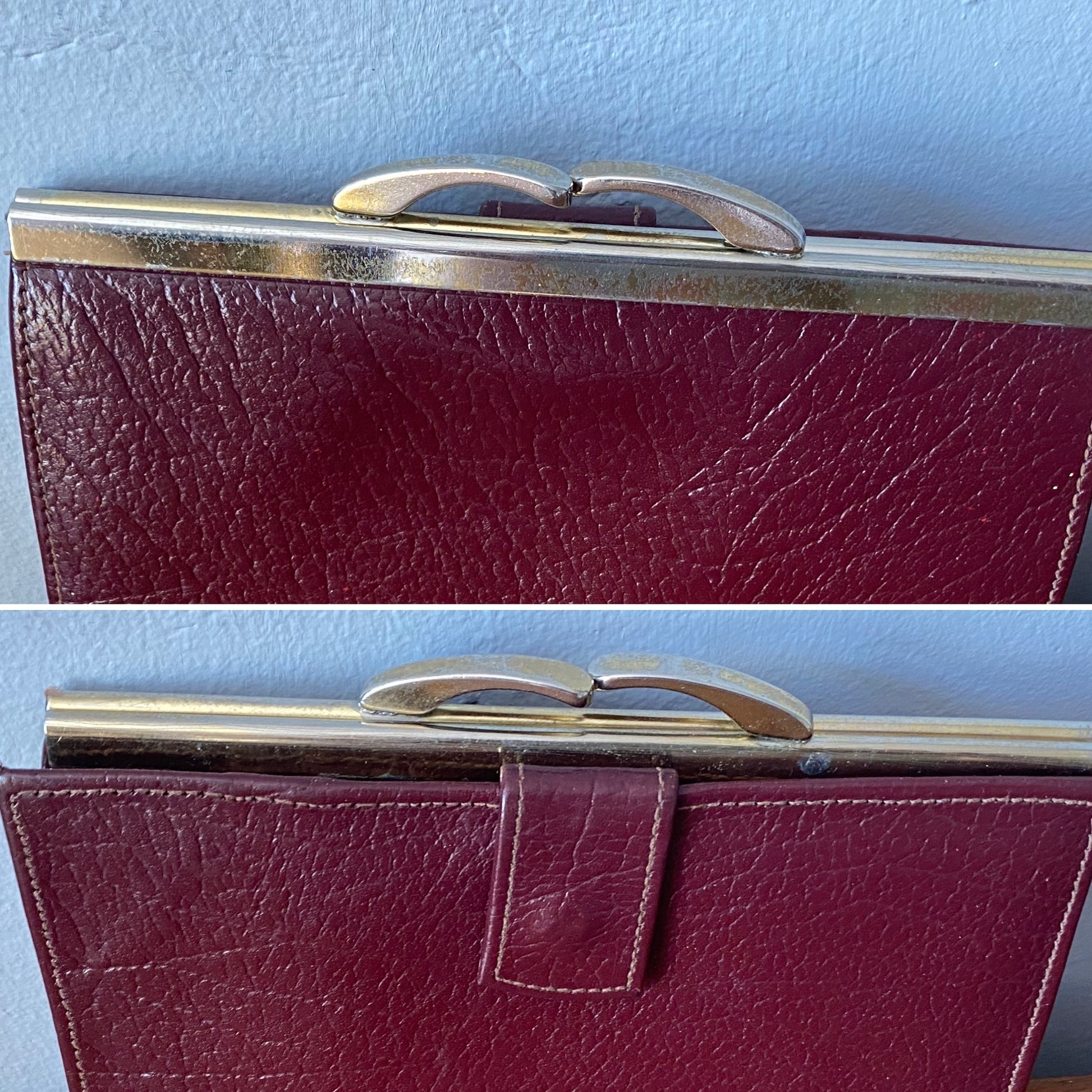 Elegant burgundy  leather wallet with a vintage-inspired kiss lock frame