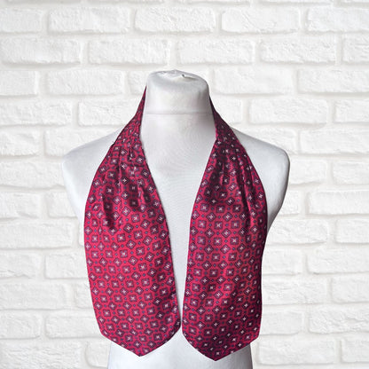 60s Mod Style Red, Blue and White Geometric Floral Print Vintage Cravat