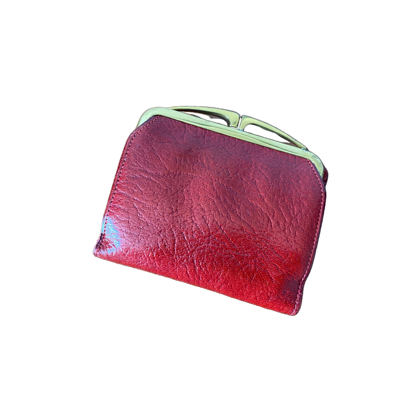 Textured red leather wallet with a popper opening and gold-tone metal frame