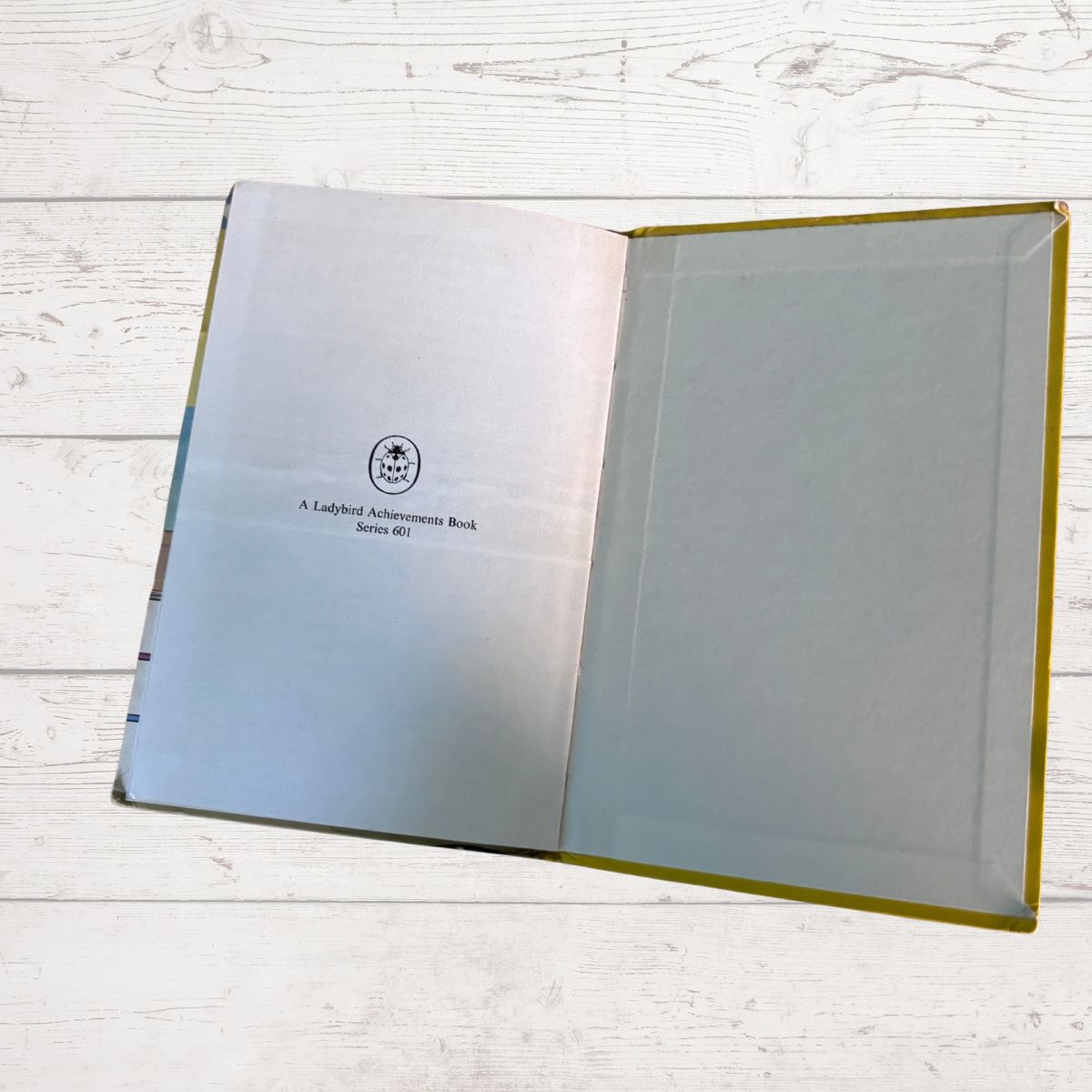 An open book with printed pages on the left and a blank gray insert on the right, placed on a white wood plank surface. The printed page shows a small circular logo and the text 'A Ladybird Achievement Book Series A101'.