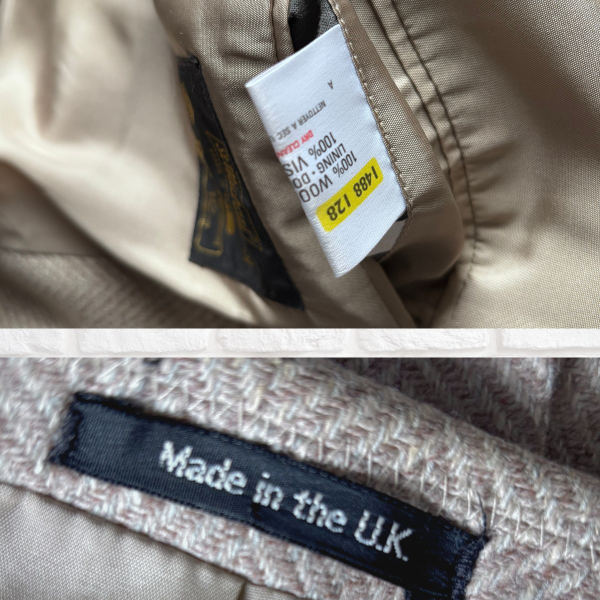 Close-up of a beige woven jacket lining showing a white size tag and a black label that reads 'Made in the U.K.'