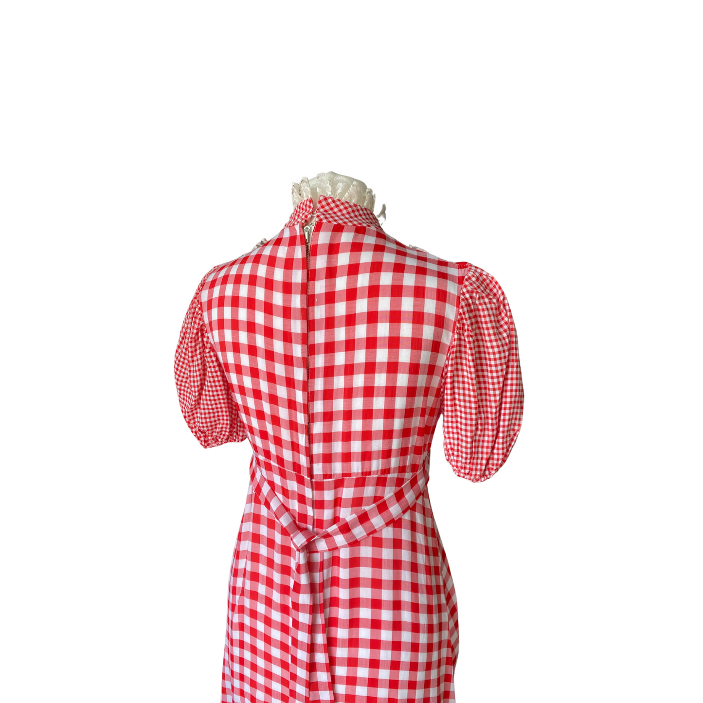 70s red and white gingham, puffed sleeved maxi dress. Approx U.K. size 8