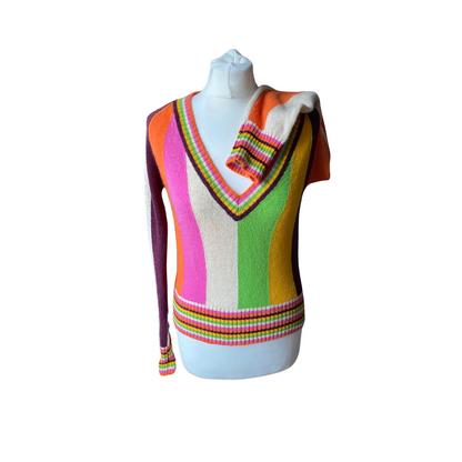 Vintage Italian Wool Multi Coloured Stripe V Neck Jumper.Approx UK size 8-10
